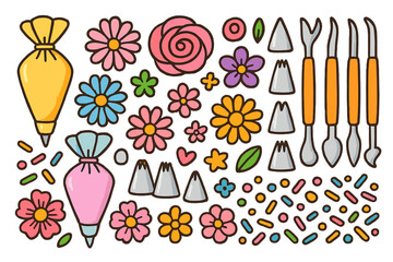 Colorful assortment of baking tools, piping bags, flowers, and decoration items for cake design and pastry art