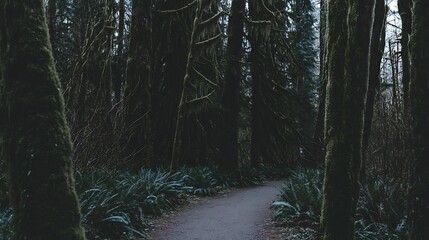 Mystical forest path with green foliage