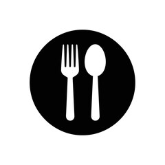 White Fork and Spoon Silhouettes in Black Circle - Dining or Restaurant Icon
