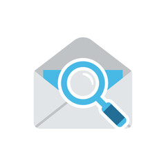 Email Inspection Icon: Light Blue Magnifying Glass with Dark Blue Handle Over an Open Grey Mail Envelope