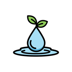 Water Drop with Sprouting Green Leaves in Puddle - Ecology or Fresh Water Icon
