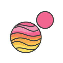 Obraz premium Abstract Icon of a Wavy Striped Planet in Pink, Orange, and Yellow with a Smaller Pink Moon or Satellite