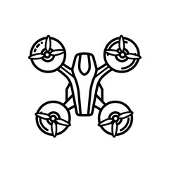 Black Outline Icon of a Modern Quadcopter Drone, Top View, Suitable for Coloring
