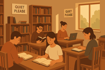 Students engaged in study inside a quiet library during the afternoon hours with books and laptops