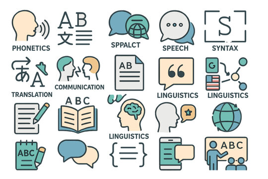Exploring various aspects of linguistics through diverse icons and symbols in an educational context