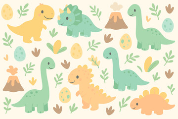 Colorful cartoon dinosaurs and their playful surroundings in a whimsical landscape