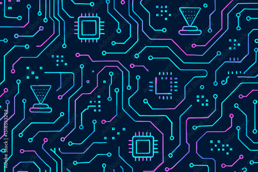 Poster colorful circuit board design with intricate patterns showcasing technology and innovation