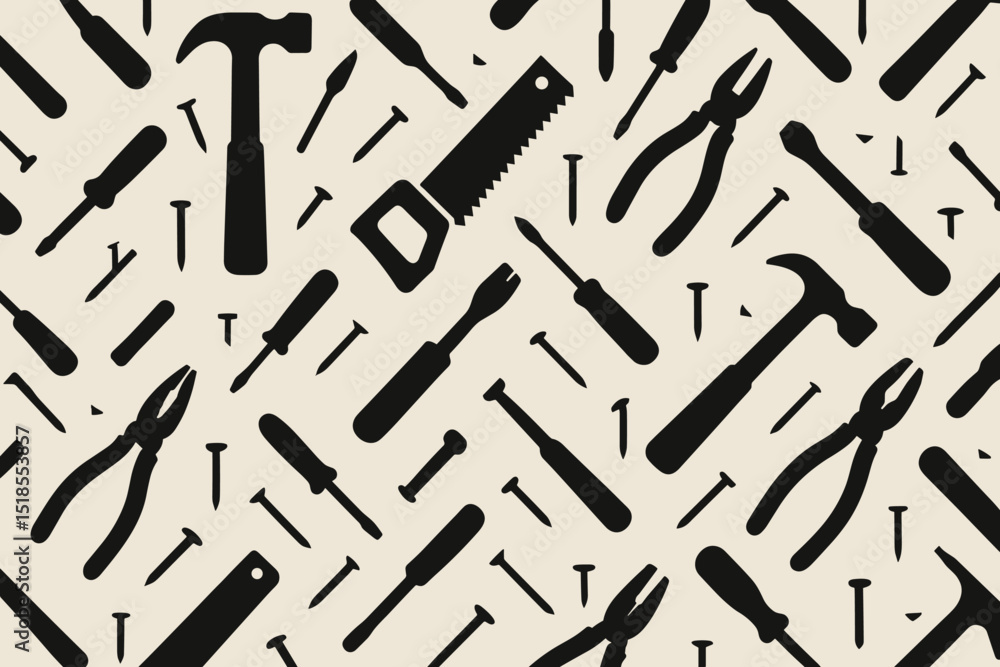 Poster tool patterns design featuring various silhouettes of hand tools on a light background
