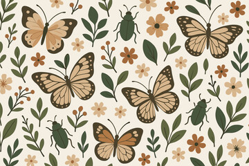 Butterflies and beetles pattern on a light background showcasing vibrant nature in a decorative design