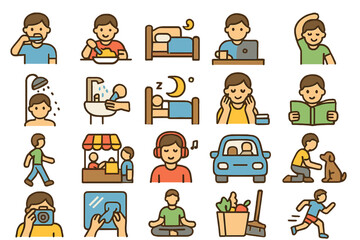 Daily activities of a person depicted through simple illustrations showcasing various routines and moments