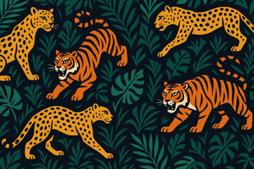 Seamless jungle pattern with stylized tigers and leopards on foliage