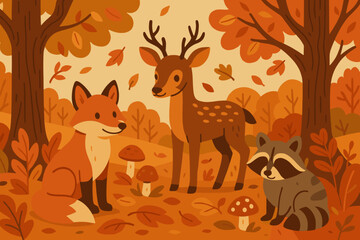 Cartoon forest animals in autumn woodland scenery