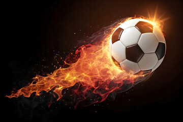 Fototapeta premium Photo of Soccer ball engulfed in flames, symbolizing speed, power, and intense competition on a black background