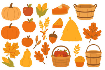 Autumn harvest clipart with pumpkins, apples, leaves, and baskets