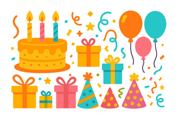 Colorful birthday celebration elements featuring cake, balloons, and gifts for a memorable party atmosphere
