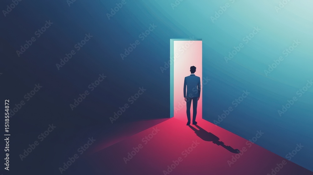 Poster back view of businessman standing in abstract key opening in wall with bright light and mock up plac