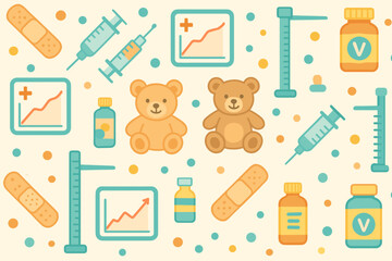 Seamless pediatric healthcare pattern with syringes and teddy bears
