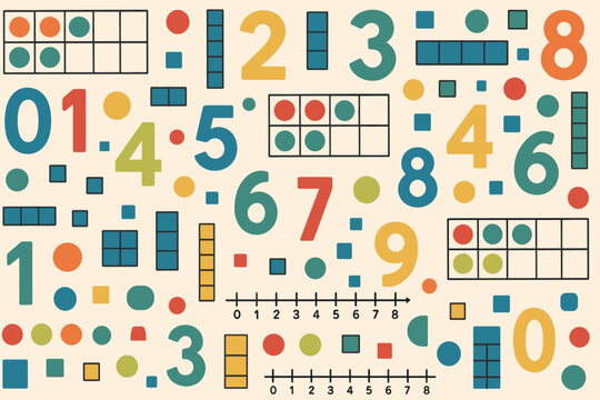 Colorful math-themed pattern with numbers, ten frames, and shapes