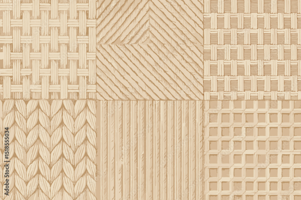 Poster textured patterns in neutral tones showcasing various weaving techniques and designs for artistic in