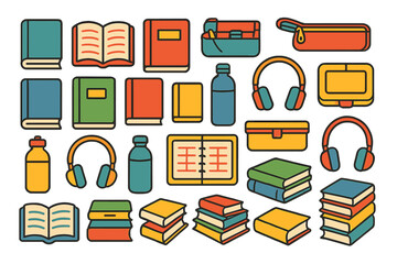 Colorful collection of school supplies and books arranged creatively on a white background during daylight