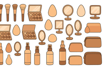Makeup tools and products displayed on a flat surface, showcasing a variety of shades and styles for cosmetic application