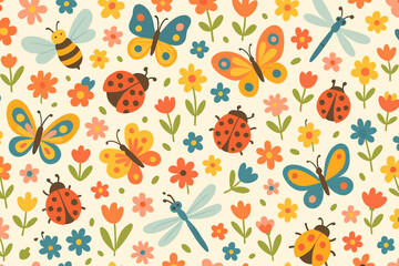 Fototapeta premium Colorful garden pattern featuring various butterflies, bees, ladybugs, and flowers in a cheerful design