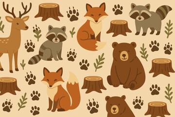 Forest animals posing among tree stumps and paw prints in a playful, colorful pattern designed for kids