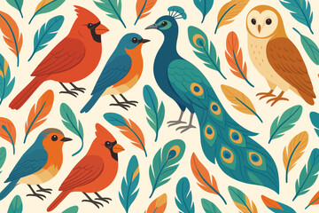 Fototapeta premium Colorful illustration of various birds surrounded by leaves in bright hues