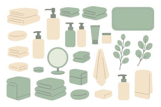 Relaxing bathroom essentials arranged with towels, bottles, and greenery for a calming atmosphere