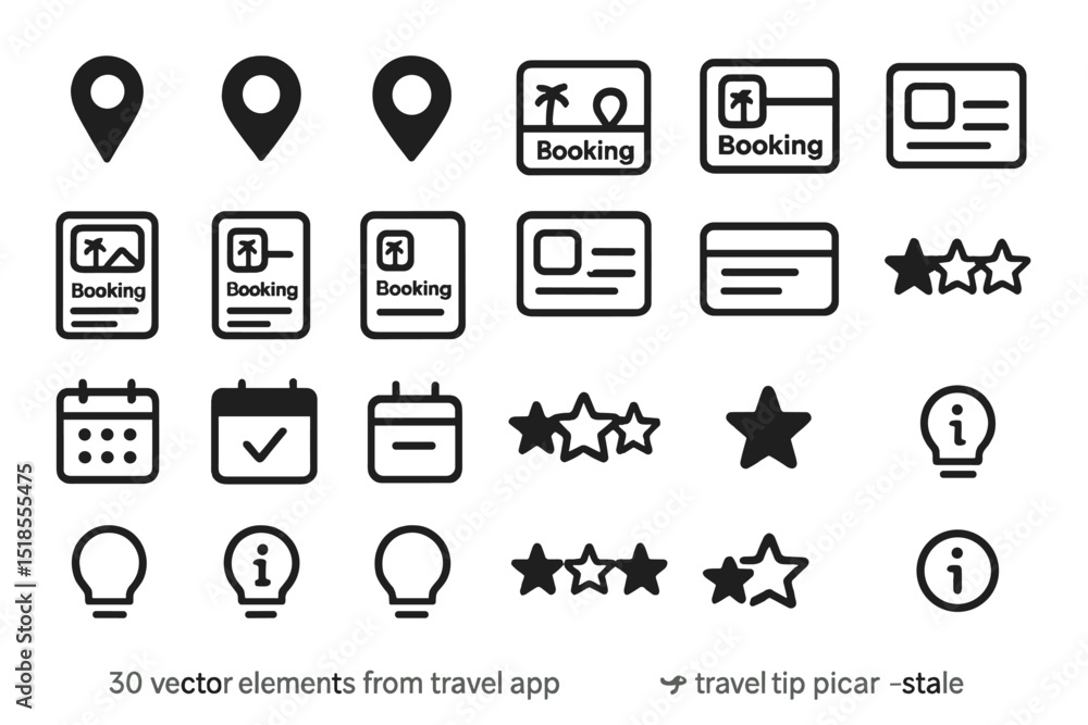 Poster vector elements for travel application featuring icons for bookings, tips, and user rating systems