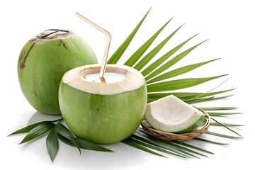 Fresh green coconut drink with straw isolated on white background