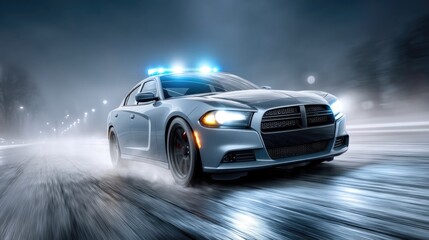 Fototapeta premium Police Vehicle with Blue Sirens in a Foggy Night Pursuit