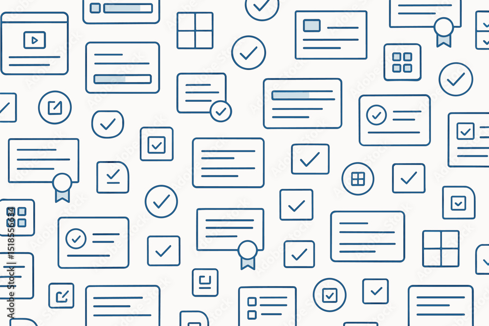 Poster visual representation of digital interfaces featuring checkmarks, forms, and icons for user interact