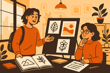 Student presents artwork to instructor in creative workspace during afternoon critique session