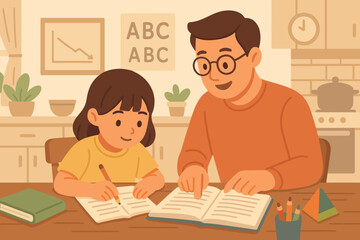Father engages in educational activity with daughter in cozy home study environment during afternoon
