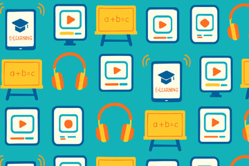 E-learning resources and tools illustrated with colorful graphics on a blue background
