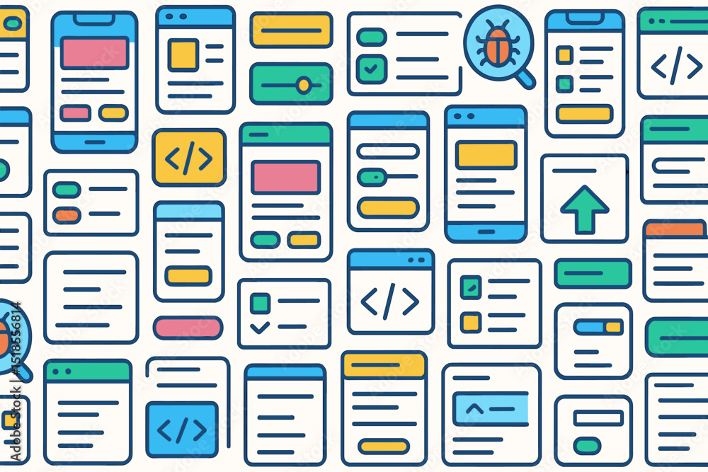 Poster colorful mobile and web interface designs showcasing user interactions and debugging elements