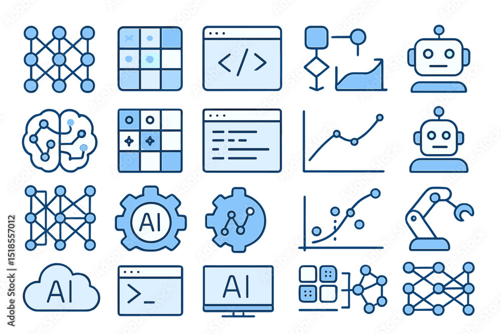 Poster exploring concepts of artificial intelligence through various design elements and symbols on a digit