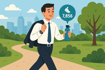 Man walking in a park while tracking steps on a smartwatch and holding a water bottle during a sunny day in the city