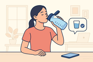 Young person enjoying a refreshing drink while sitting at a desk in a home office on a sunny day
