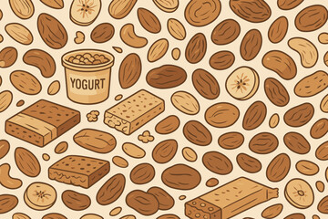 Obraz premium Variety of nuts, yogurt, and treats arranged in a playful pattern on a light background
