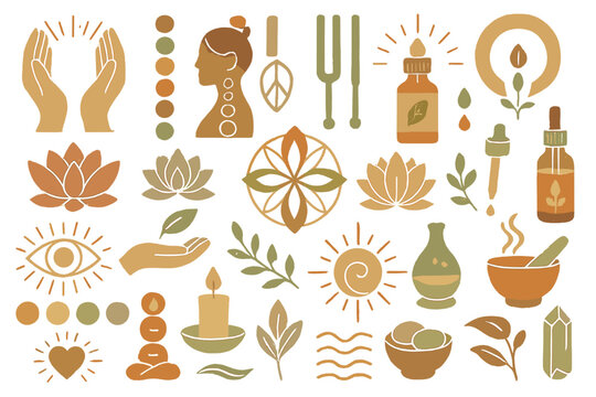 Decorative wellness symbols featuring hands, plants, and healing elements suitable for holistic practices and relaxation