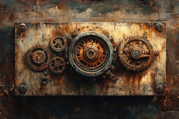 An artistic rendition of rusty gears and machinery mounted on a textured metal surface, conveying industrial and aged aesthetics.