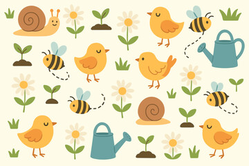 Cute garden illustration featuring birds, bees, snails, and flowers in a whimsical design