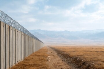 Concrete Border Wall with Barbed Wire in Desert Landscape