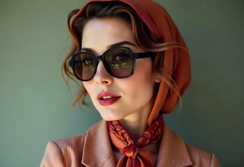 Stylish woman with red lipstick and headscarf posing in sunglasses