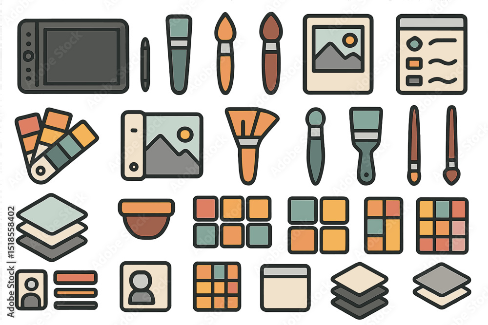 Poster artistic tools and design elements displayed on a clean surface ideal for creative projects or digit