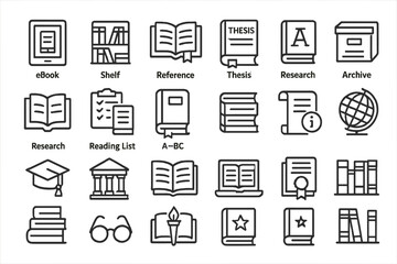 Collection of educational icons representing research, reading, and academic resources in a modern graphic style