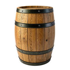 Fototapeta premium Wooden Barrel with Metal Bands Isolated on Transparent Background