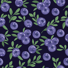 Summer print with blueberries. Vector pattern with blueberries and leaves. Juicy berries. Vector blueberries on a dark background. For children, wallpaper, textile.